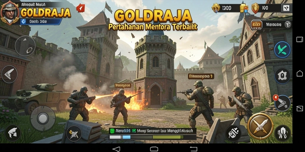 Tampilan gameplay GOLDRAJA menampilkan menara pertahanan melawan gelombang musuh.