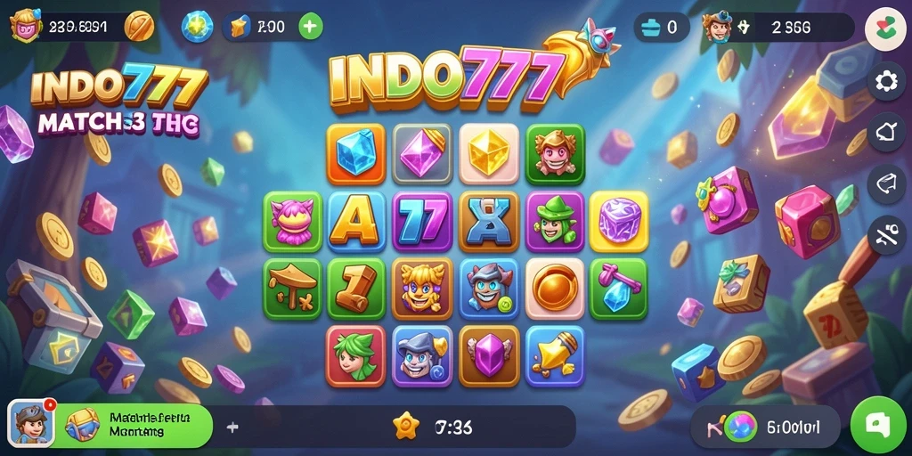 Tampilan gameplay INDO777 dengan warna-warna cerah dan tantangan Match-3.