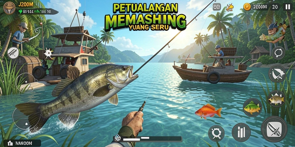 Tampilan gameplay J200M yang menyenangkan saat memancing di danau.