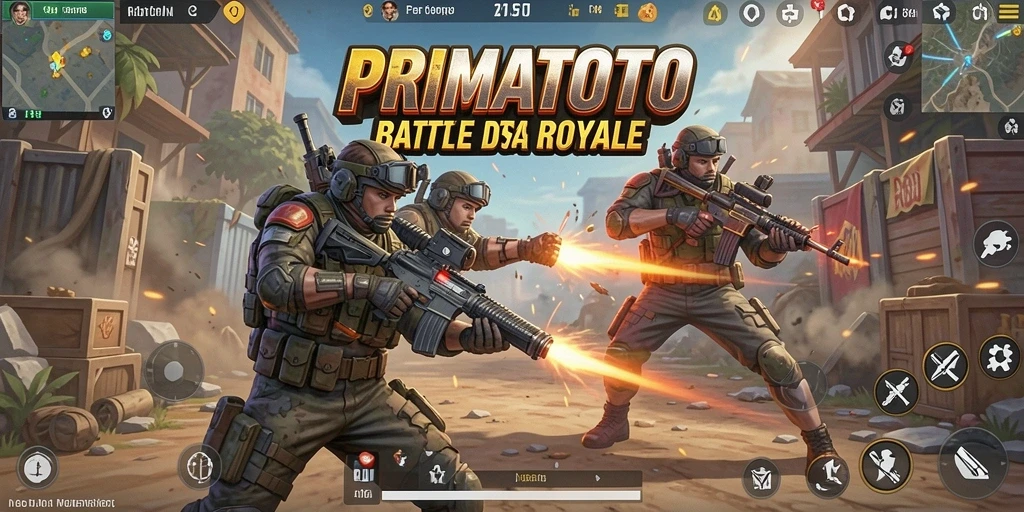Tangkapan layar utama gameplay Battle Royale PRIMATOTO yang penuh aksi.