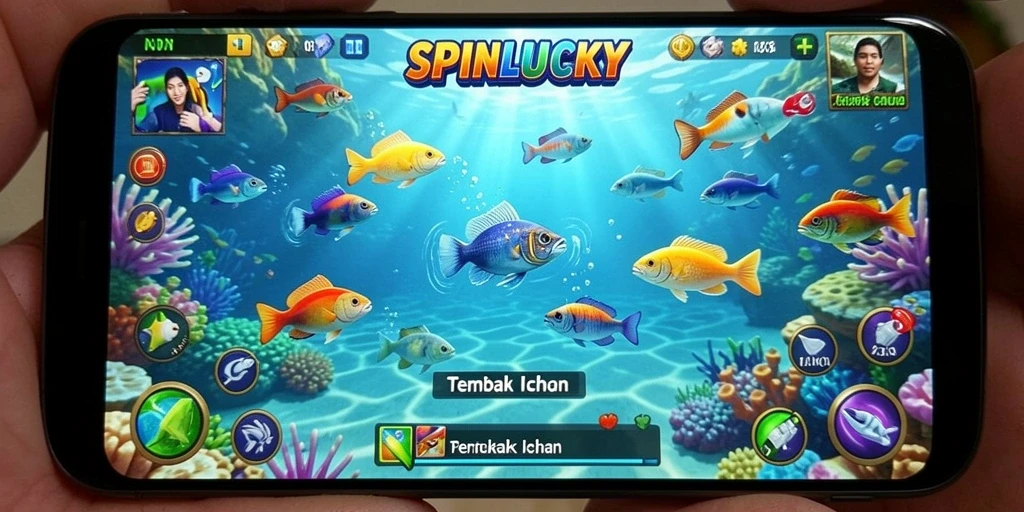 Tampilan gameplay SPINLUCKY yang menunjukkan aksi menembak ikan.