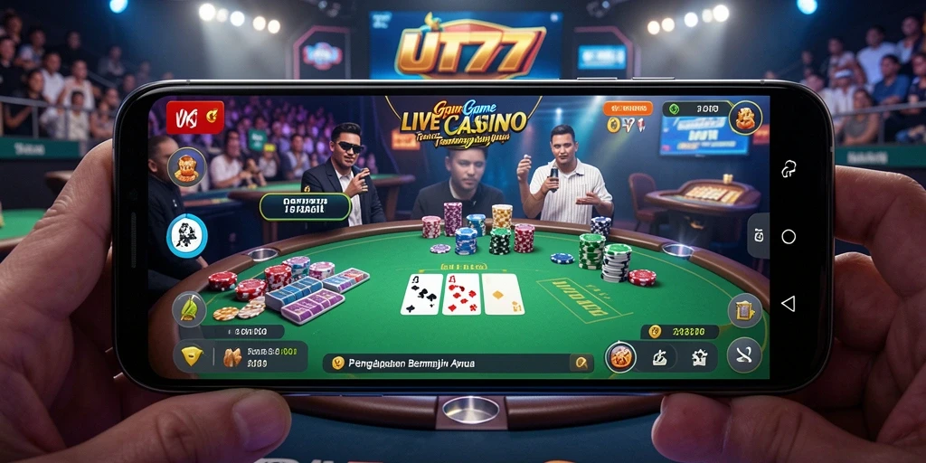 Screenshot UT77 menampilkan dealer cantik dan suasana permainan Live Casino yang mendebarkan.